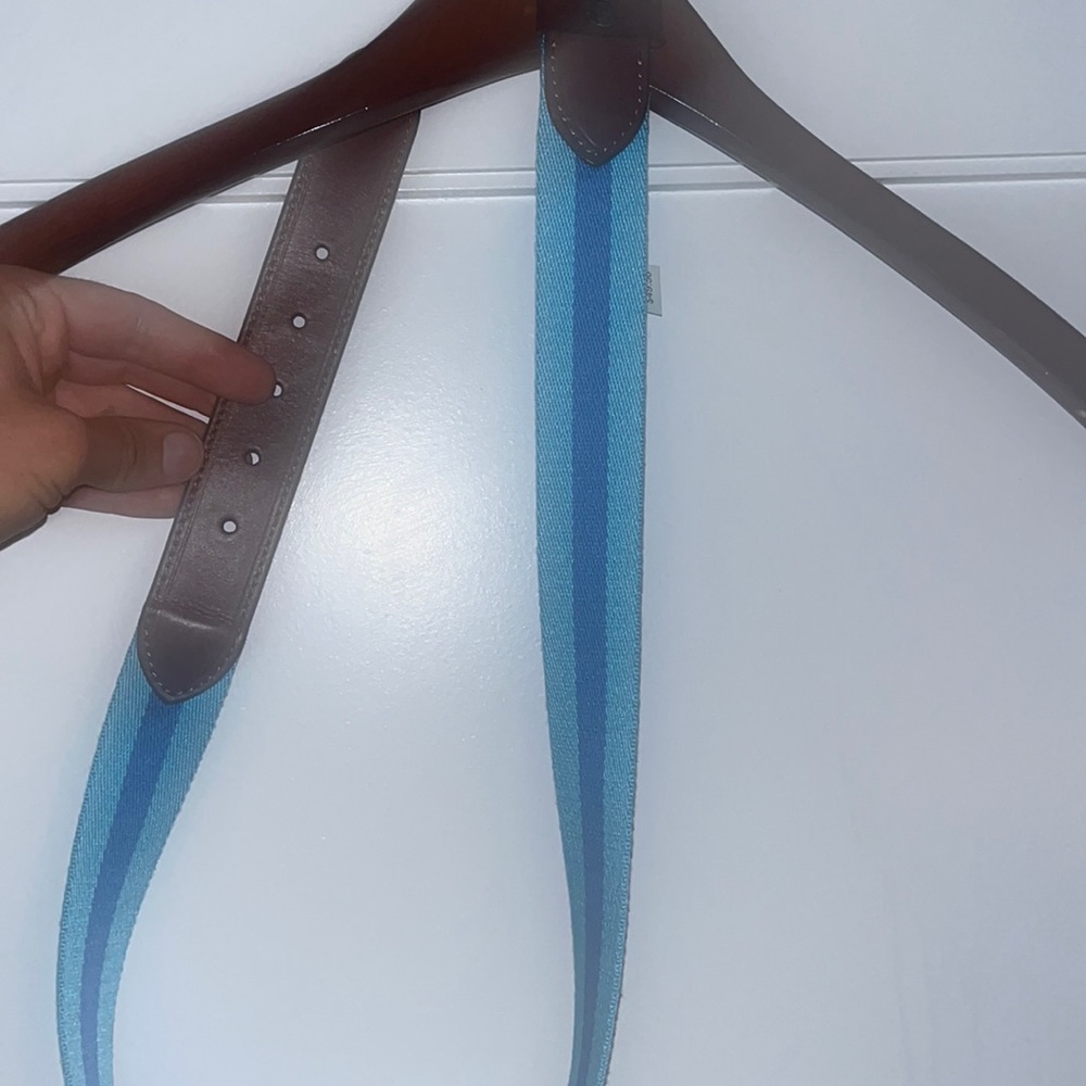 Southern Tide Blue Striped Canvas and Brown Leather Belt - Size 34